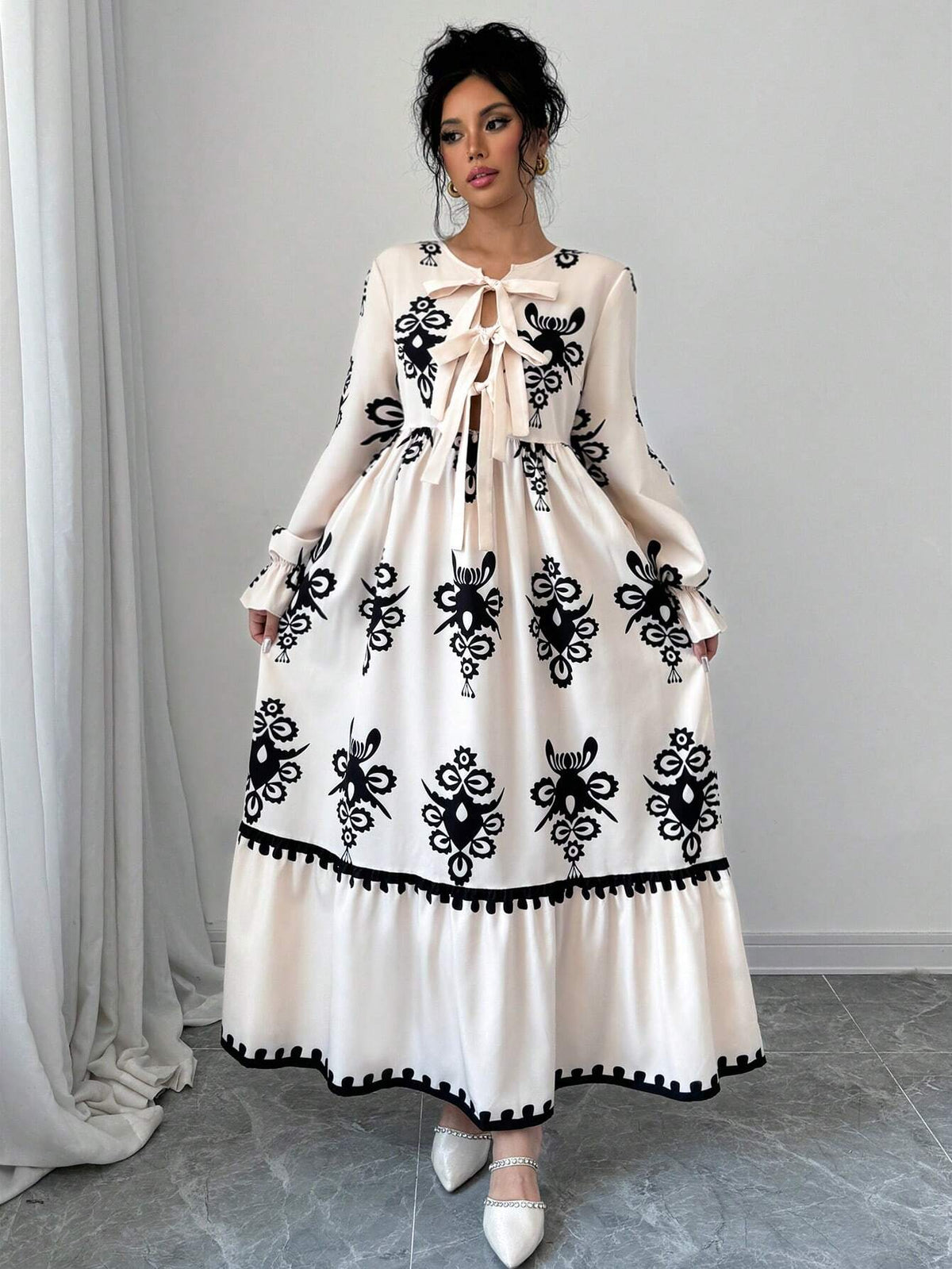 Vintage Holiday Printed Lantern Sleeve High Waist Tie Front Hollow Out Dress