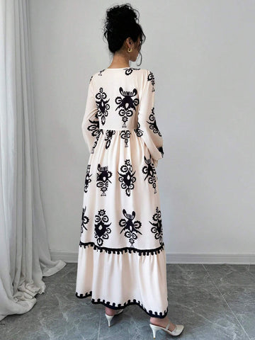Vintage Holiday Printed Lantern Sleeve High Waist Tie Front Hollow Out Dress