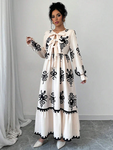 Vintage Holiday Printed Lantern Sleeve High Waist Tie Front Hollow Out Dress