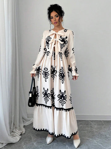 Vintage Holiday Printed Lantern Sleeve High Waist Tie Front Hollow Out Dress