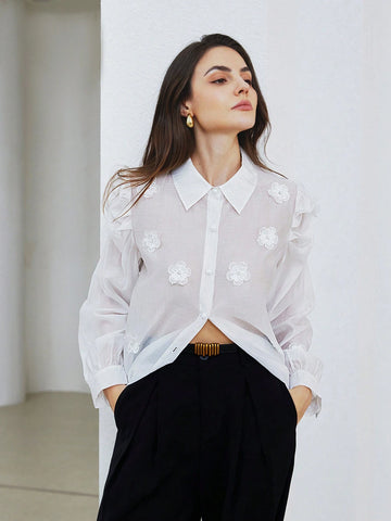 Privé Vintage Pearl Floral 3D Puff Sleeve Loose French Style Long Sleeve Blouse