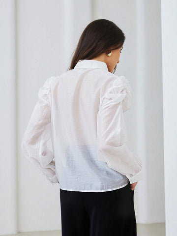 Privé Vintage Pearl Floral 3D Puff Sleeve Loose French Style Long Sleeve Blouse