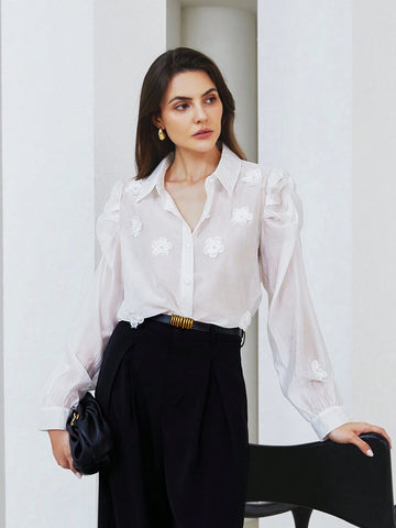 Privé Vintage Pearl Floral 3D Puff Sleeve Loose French Style Long Sleeve Blouse