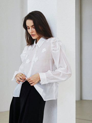 Privé Vintage Pearl Floral 3D Puff Sleeve Loose French Style Long Sleeve Blouse