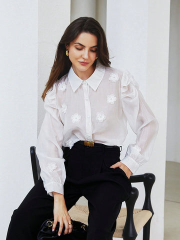 Privé Vintage Pearl Floral 3D Puff Sleeve Loose French Style Long Sleeve Blouse