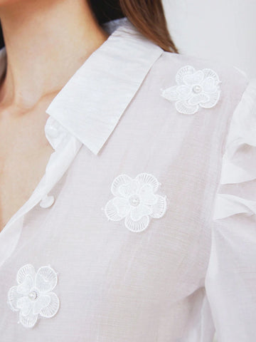 Privé Vintage Pearl Floral 3D Puff Sleeve Loose French Style Long Sleeve Blouse