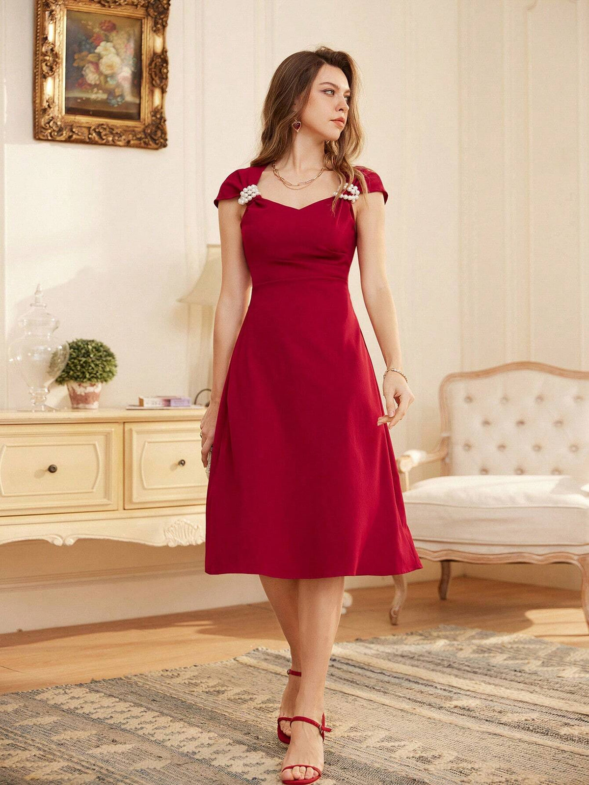 Vintage Red Satin French Design Pearl Knot Sleeveless Dress For Women