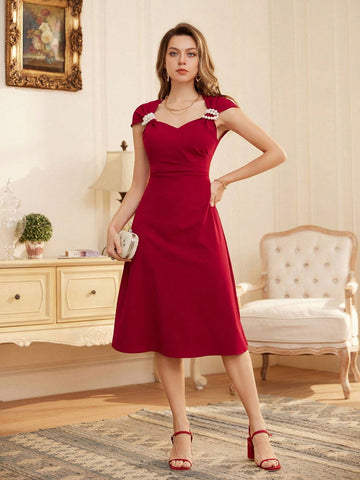 Vintage Red Satin French Design Pearl Knot Sleeveless Dress For Women