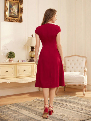 Vintage Red Satin French Design Pearl Knot Sleeveless Dress For Women