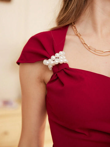 Vintage Red Satin French Design Pearl Knot Sleeveless Dress For Women