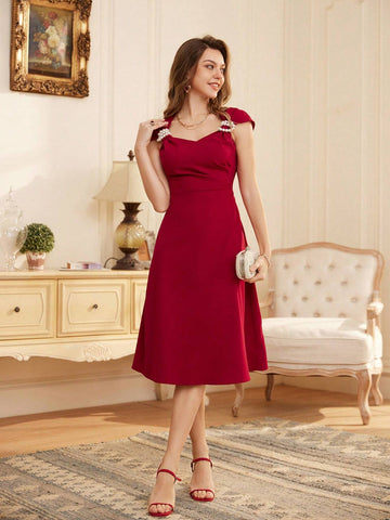 Vintage Red Satin French Design Pearl Knot Sleeveless Dress For Women