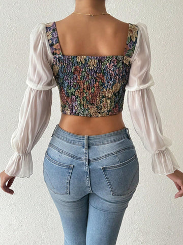 Privé Vintage Rose Floral Print Long Sleeve Gothic Style Asymmetrical Hem Party Blouse