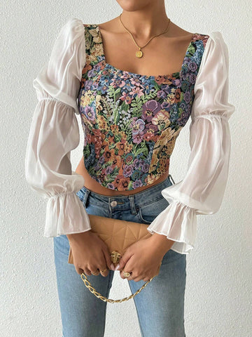 Privé Vintage Rose Floral Print Long Sleeve Gothic Style Asymmetrical Hem Party Blouse