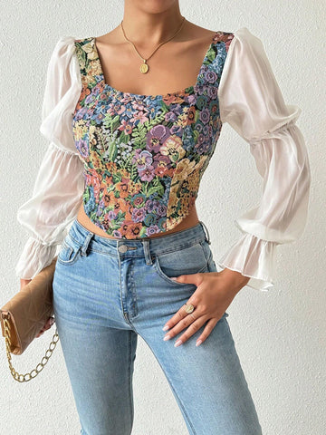 Privé Vintage Rose Floral Print Long Sleeve Gothic Style Asymmetrical Hem Party Blouse