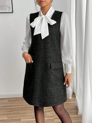 Vintage Tweed Sleeveless Dress, Elegant & Youthful For Women, Random Floral Patterns,