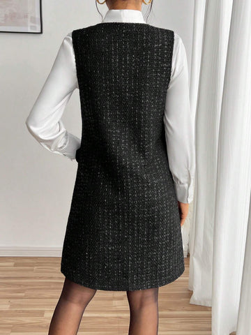 Vintage Tweed Sleeveless Dress, Elegant & Youthful For Women, Random Floral Patterns,
