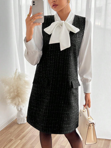 Vintage Tweed Sleeveless Dress, Elegant & Youthful For Women, Random Floral Patterns,
