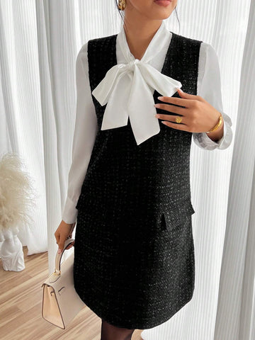 Vintage Tweed Sleeveless Dress, Elegant & Youthful For Women, Random Floral Patterns,