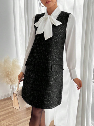 Vintage Tweed Sleeveless Dress, Elegant & Youthful For Women, Random Floral Patterns,