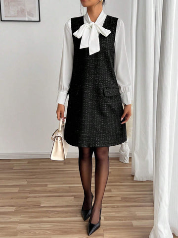 Vintage Tweed Sleeveless Dress, Elegant & Youthful For Women, Random Floral Patterns,