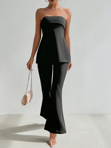 Wedding Daily Elegant Holiday Date Party INS Music Festival Commute Work Style One-Piece Women's Solid Color Split Front Tube Top And Flare Pants Set