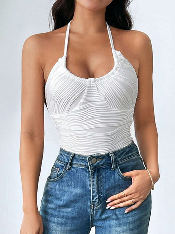 Wedding Daily Elegant Holiday Date Party INS Solid Color Tight Texture Backless Halter Bodysuit