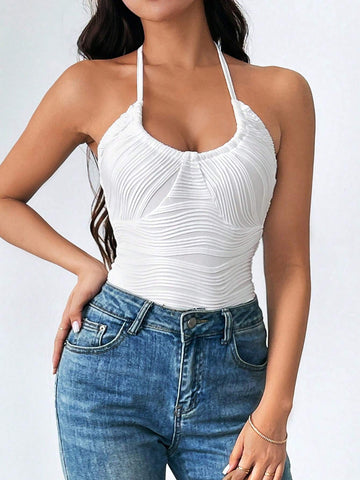 Wedding Daily Elegant Holiday Date Party INS Solid Color Tight Texture Backless Halter Bodysuit