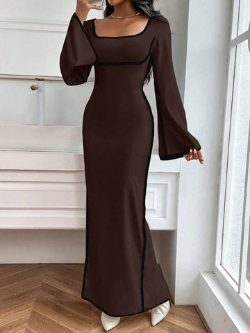 Wedding Dress Guest Contrast Binding Square Neck Trumpet Sleeve Split Hem White Dress