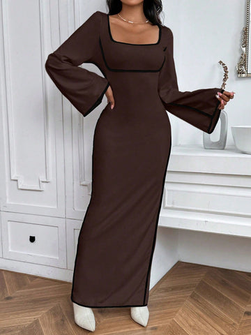 Wedding Dress Guest Contrast Binding Square Neck Trumpet Sleeve Split Hem White Dress