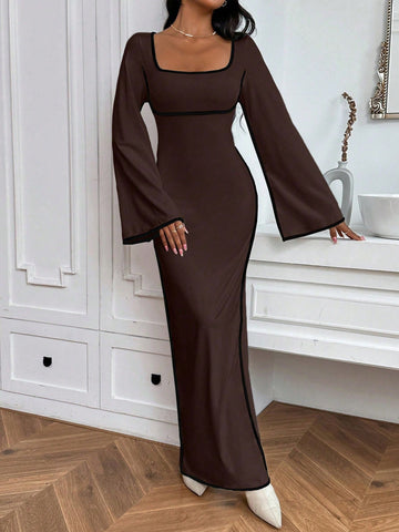Wedding Dress Guest Contrast Binding Square Neck Trumpet Sleeve Split Hem White Dress