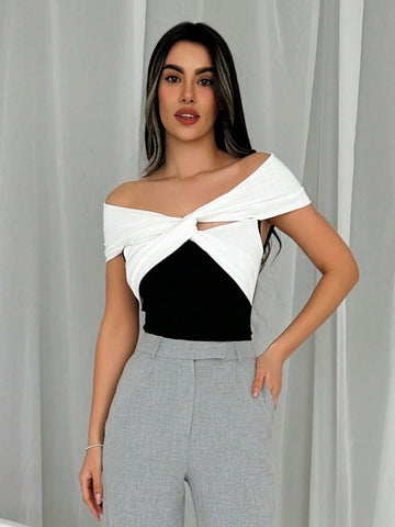 Wedding Season Color Block Off Shoulder Twist Detail Elegant Slim Fit Bodysuit For Street Date And Holiday