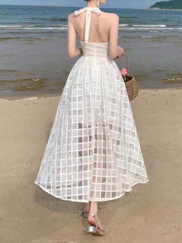 White Backless Halter Neck Mid-Length Women's Dress.Bridgerton Style Dress. White Textured