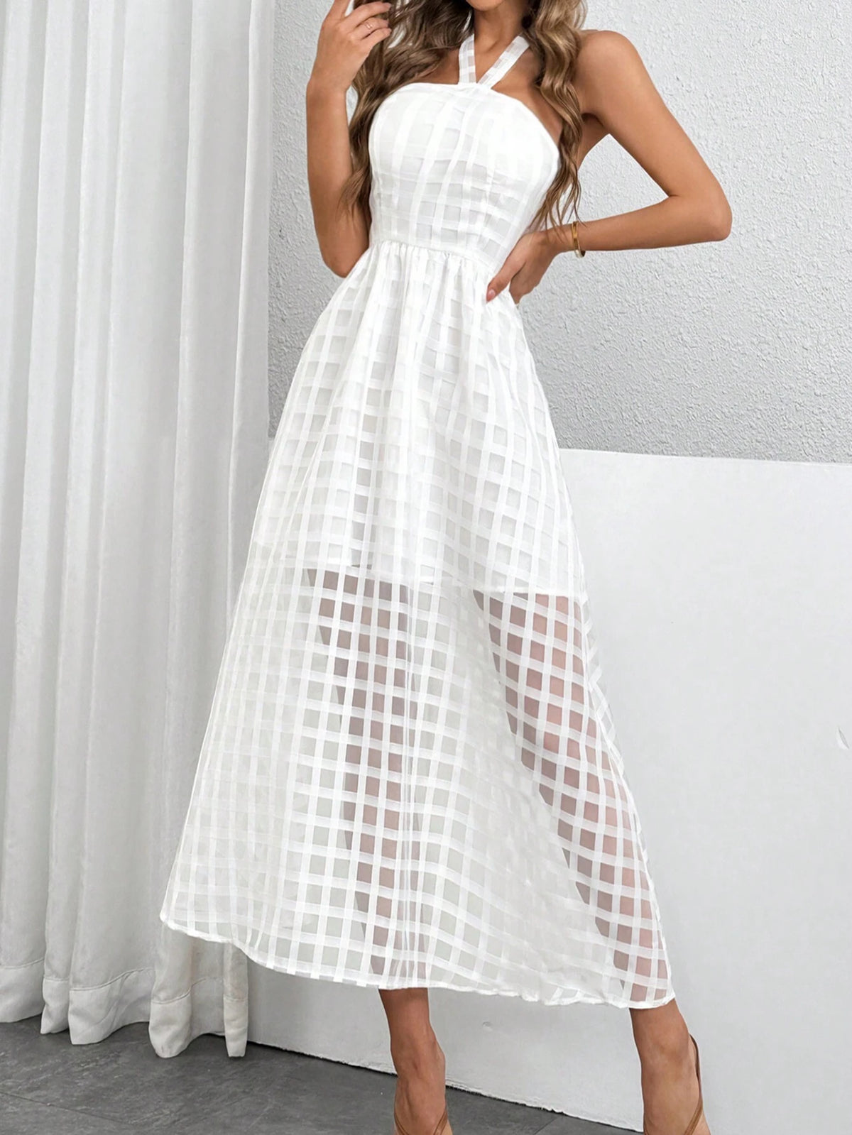 White Backless Halter Neck Mid-Length Women's Dress.Bridgerton Style Dress. White Textured