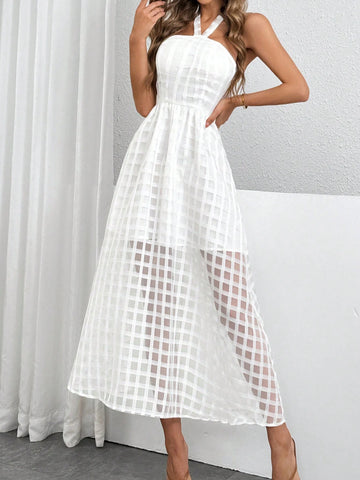 White Backless Halter Neck Mid-Length Women's Dress.Bridgerton Style Dress. White Textured