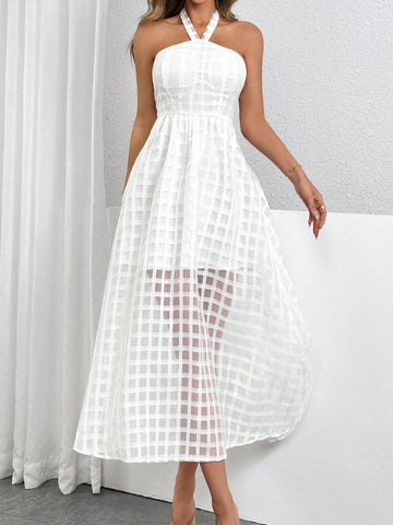 White Backless Halter Neck Mid-Length Women's Dress.Bridgerton Style Dress. White Textured