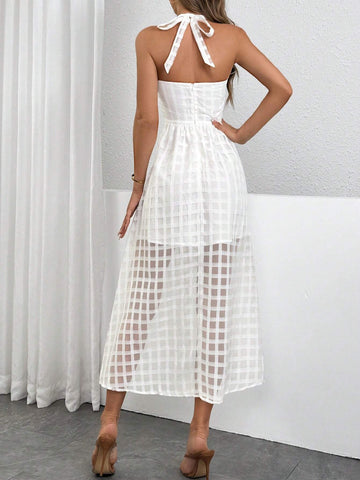 White Backless Halter Neck Mid-Length Women's Dress.Bridgerton Style Dress. White Textured
