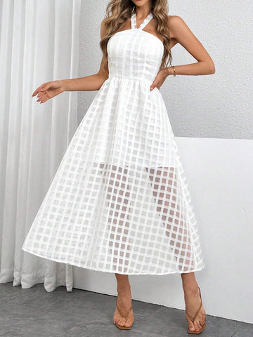 White Backless Halter Neck Mid-Length Women's Dress.Bridgerton Style Dress. White Textured