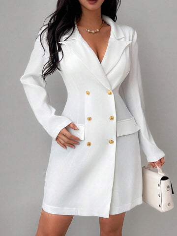 White Elegant V-Neck Long Sleeve Double-Breasted Dress
