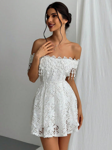 White Embroidered One Shoulder Short Sleeve Women's Wedding Season Dress