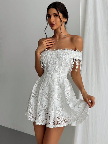 White Embroidered One Shoulder Short Sleeve Women's Wedding Season Dress