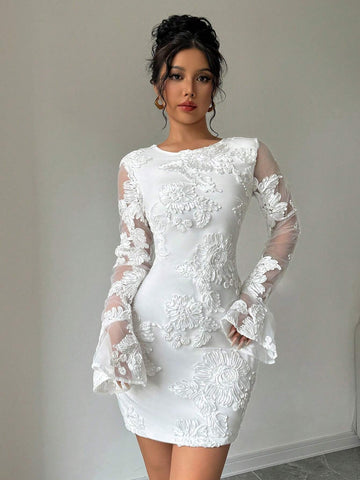 White Embroidered Round Neck Mesh Splice Long Sleeve Dress