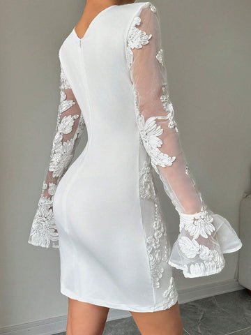 White Embroidered Round Neck Mesh Splice Long Sleeve Dress