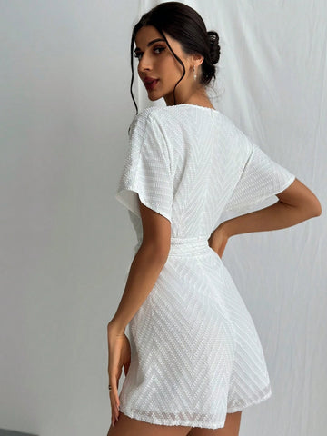 White Texture Fabric Deep V-Neck Jumpsuit