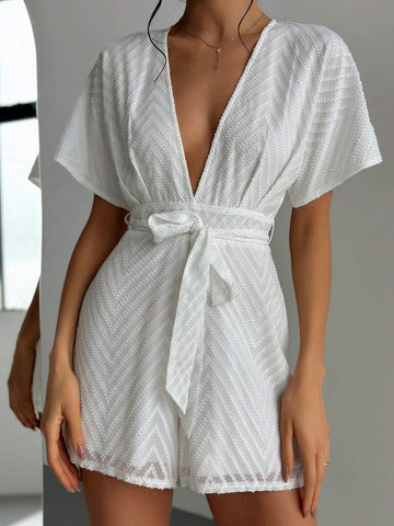 White Texture Fabric Deep V-Neck Jumpsuit
