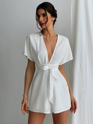 White Texture Fabric Deep V-Neck Jumpsuit