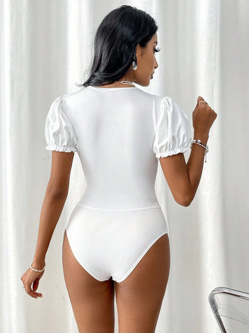 White V-Neck Short Sleeve Bodysuit With Pleats