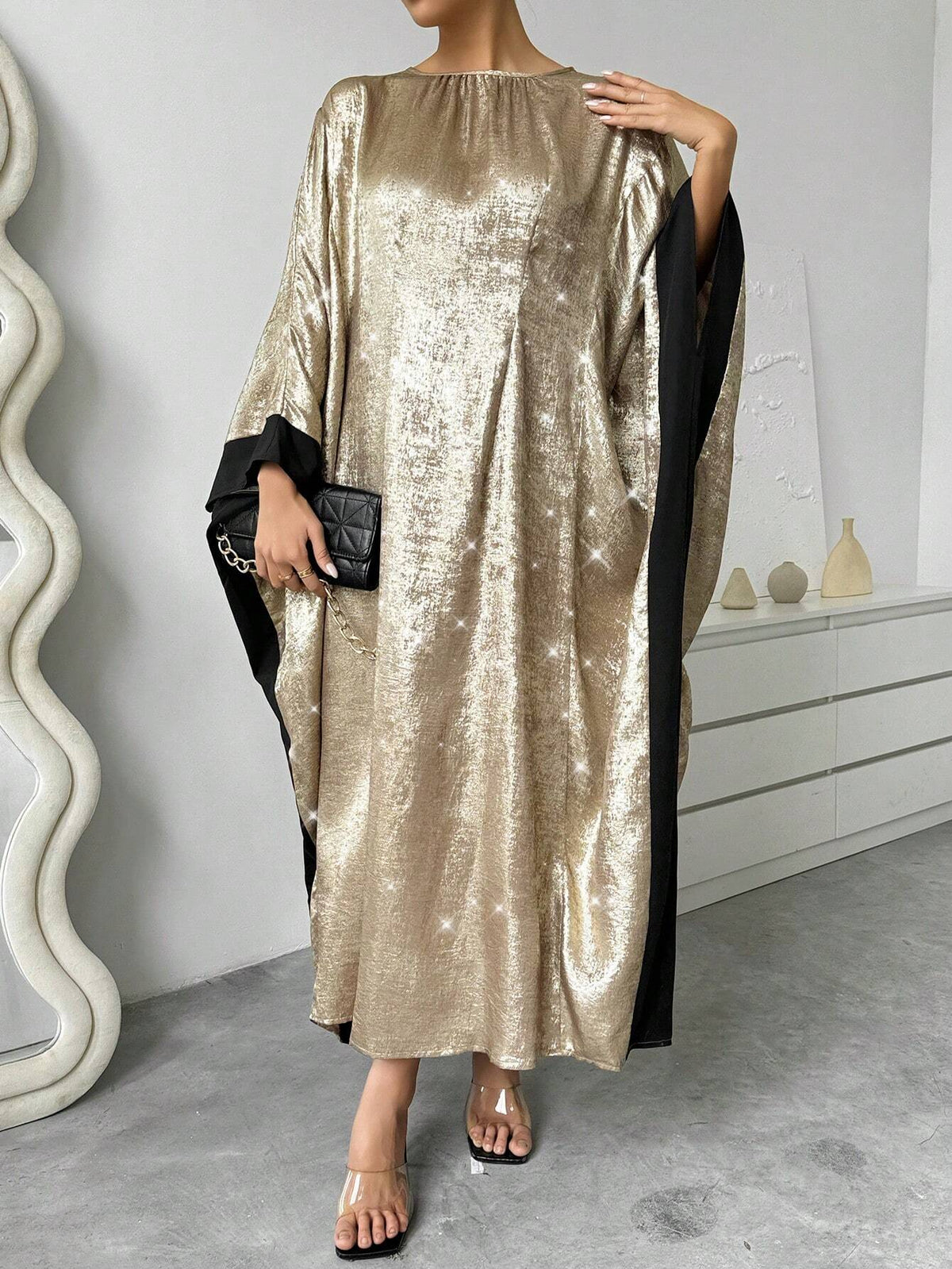 Wide Flared Sleeve Color Block Elegant Round Neck Long Sleeve Dress