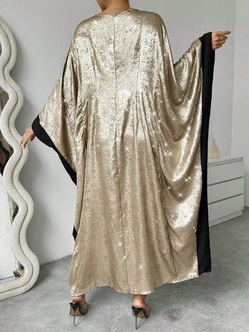 Wide Flared Sleeve Color Block Elegant Round Neck Long Sleeve Dress