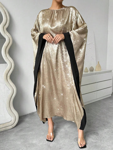 Wide Flared Sleeve Color Block Elegant Round Neck Long Sleeve Dress