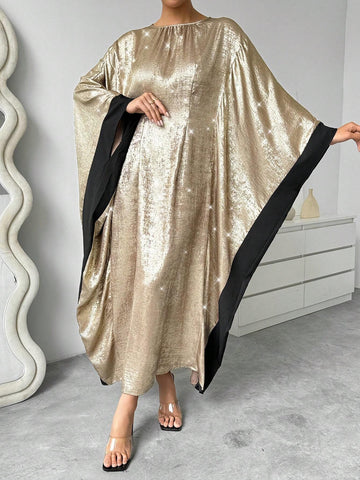 Wide Flared Sleeve Color Block Elegant Round Neck Long Sleeve Dress